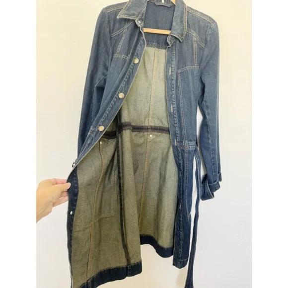 Free People Denim Jean Belted Trench Coat Jacket in Indigo M - Picture 6 of 12